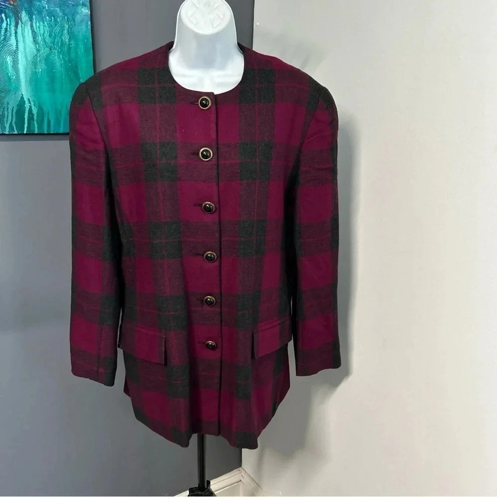 Adolfo Women’s 10 Vintage Plaid Tartan Wool Blend 6 Button Blazer‎ Jacket Career